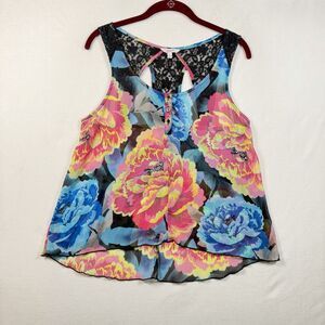 Candie’s Sheer Floral Blouse Womens Large Lace Racerback Hi Low Hem Top